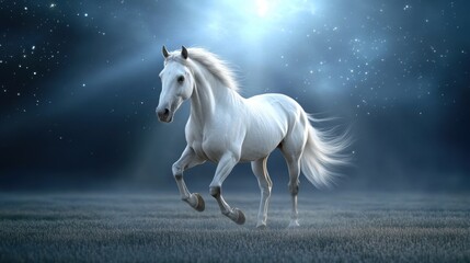 Obraz premium Majestic white horse gallops under a starry night sky, exuding grace and freedom, AI