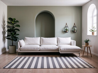 Modern minimalist living room with white sofa, green accent wall, indoor plants, and striped rug for a cozy and stylish home decor
