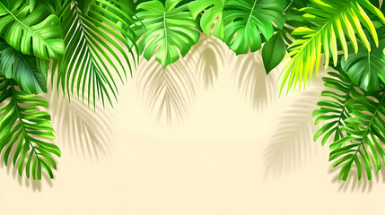 Naklejka premium Tropical Leaves with Shadows on Light Background, palm leaves, monstera leaves, foliage, greenery, beige