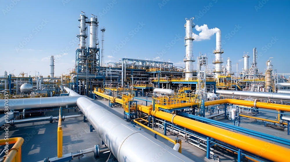 Poster vast industrial network of refinery pipelines stretching across the horizon creating an intricate an