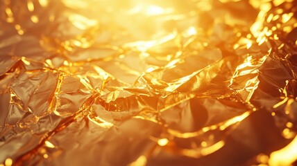 Abstract close-up of shimmering gold foil, with intricate textures and reflective surfaces creating...