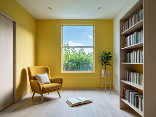 Fototapeta premium Bright and Cozy Reading Corner with Yellow Accents and Wooden Bookshelves