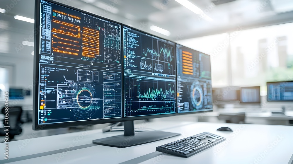 Aufkleber Fuel Processing Control Room with Advanced Digital Interfaces and Monitoring Systems in Progress  Modern Industrial Workspace Featuring Automation Data Analytics and Production Management