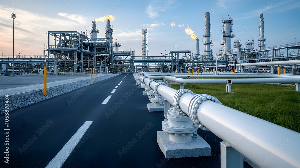 Poster Closeup view of the complex network of pipelines and smooth industrial lines at a gas refinery facility showcasing the intricate engineering and technology involved in fuel production and processing