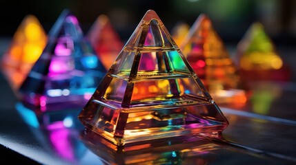 A multi-faceted glass pyramid stands out amongst its companions, showcasing a kaleidoscope of colors as light dances through its intricate layers.