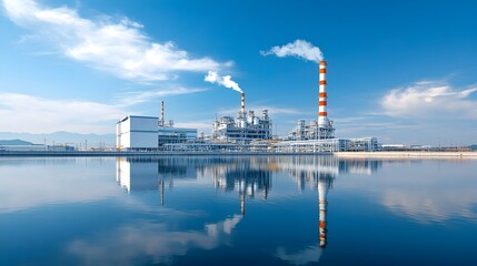 Fototapeta premium Serene Industrial Landscape Oil Refinery Plant Reflecting on Calm Water Surface Depicting a Peaceful Coexistence Between Industry and Nature