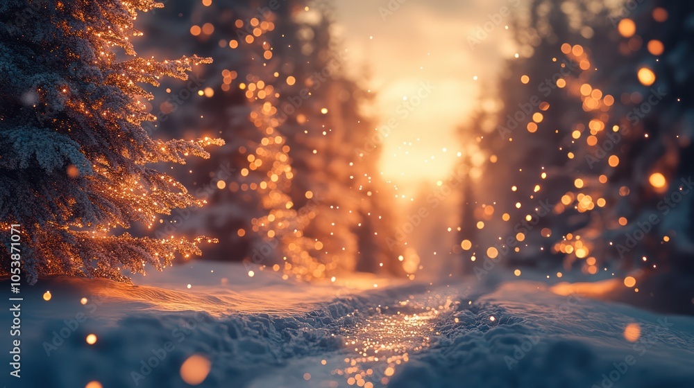 Wall mural A snowy forest path leading into a golden sunrise.