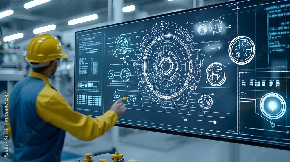 Aufkleber Technician carefully controlling and analyzing fuel processing systems through a sophisticated high tech digital interface with multiple screens and advanced equipment in a clean