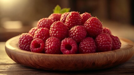 Closeup on raspberries on a wooden plate