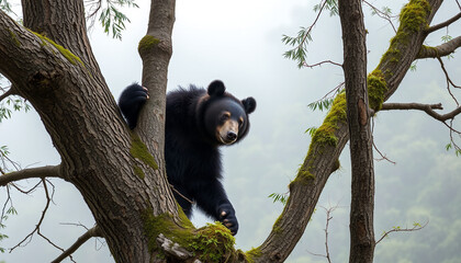 Obraz premium Black bear cub perched on a tree, representing wildlife and nature