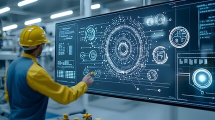 Technician carefully controlling and analyzing fuel processing systems through a sophisticated high tech digital interface with multiple screens and advanced equipment in a clean