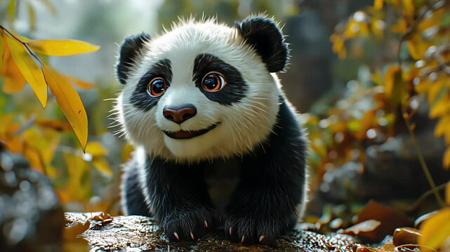 Cute baby panda in the forest dancing. Created with Generative AI.