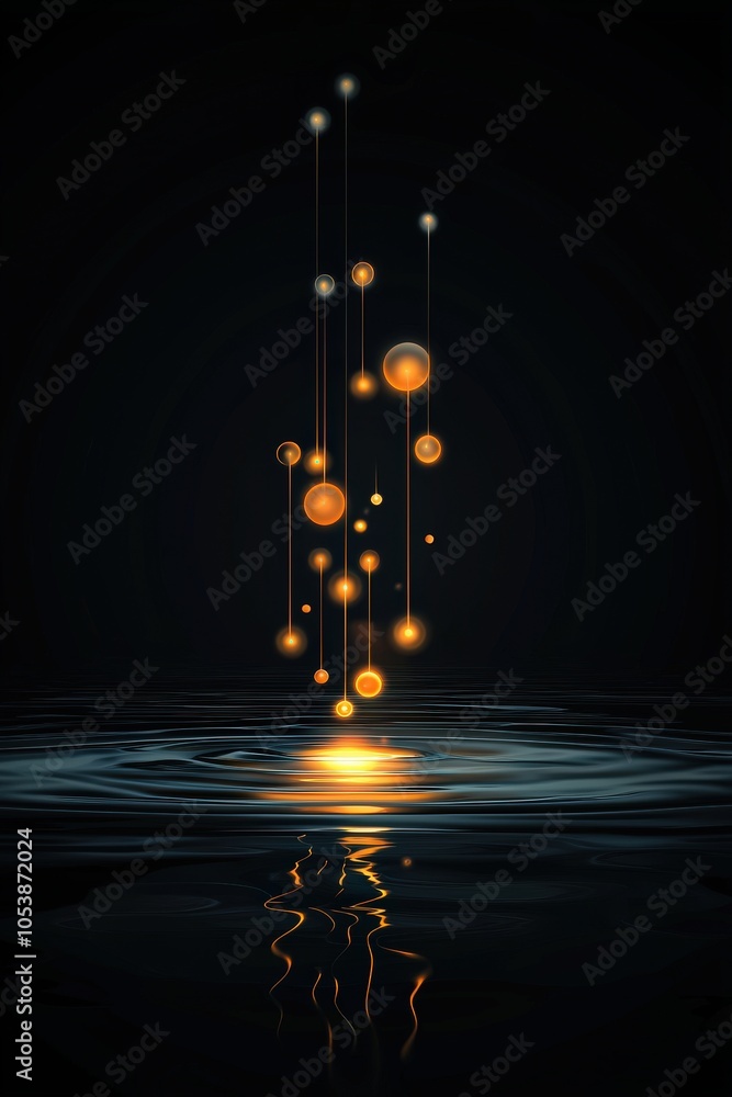 Poster this enchanting image features glowing orbs suspended above a serene water surface, creating a tranq