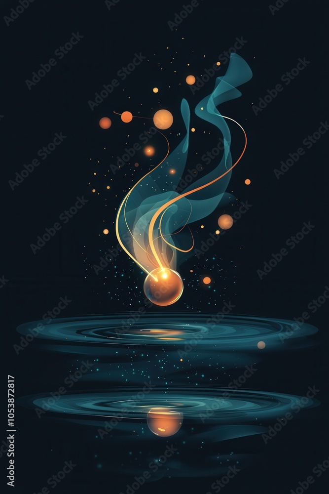 Poster this abstract artwork features a glowing sphere with swirling smoke above tranquil water, creating a