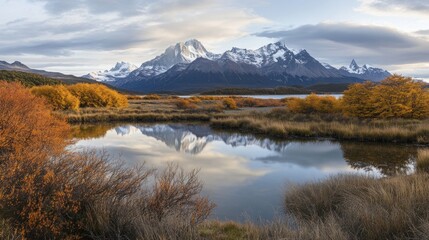 Scenic view of a mountain range with snow peaks reflected in a calm lake, surrounded by autumn trees. Landscape and nature concept.