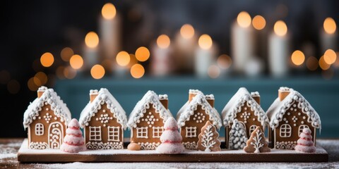 A Festive Village of Gingerbread Houses Adorned with Icing and Candy Decorations, Set Against a Blurred Background of Warm, Glowing Lights