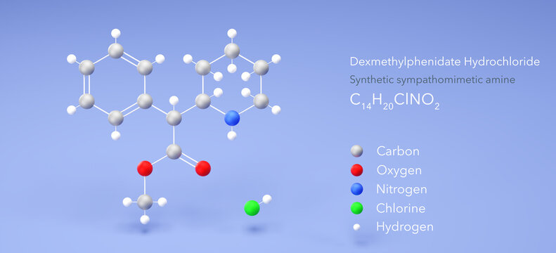 dexmethylphenidate hydrochloride molecule, molecular structure, synthetic sympathomimetic amine, 3d model, Structural Chemical Formula and Atoms with Color Coding