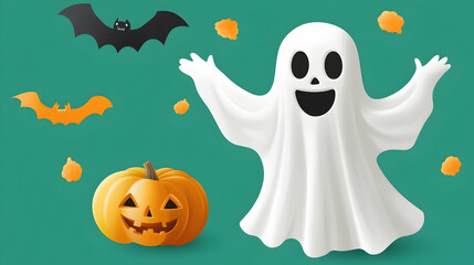 Happy Halloween Ghost and Pumpkin, bats, spooky, scary, cute, friendly