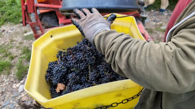 Workers pouring grapes from a bucket into a large yellow can for transportation. Harvest period 4k, slow motion