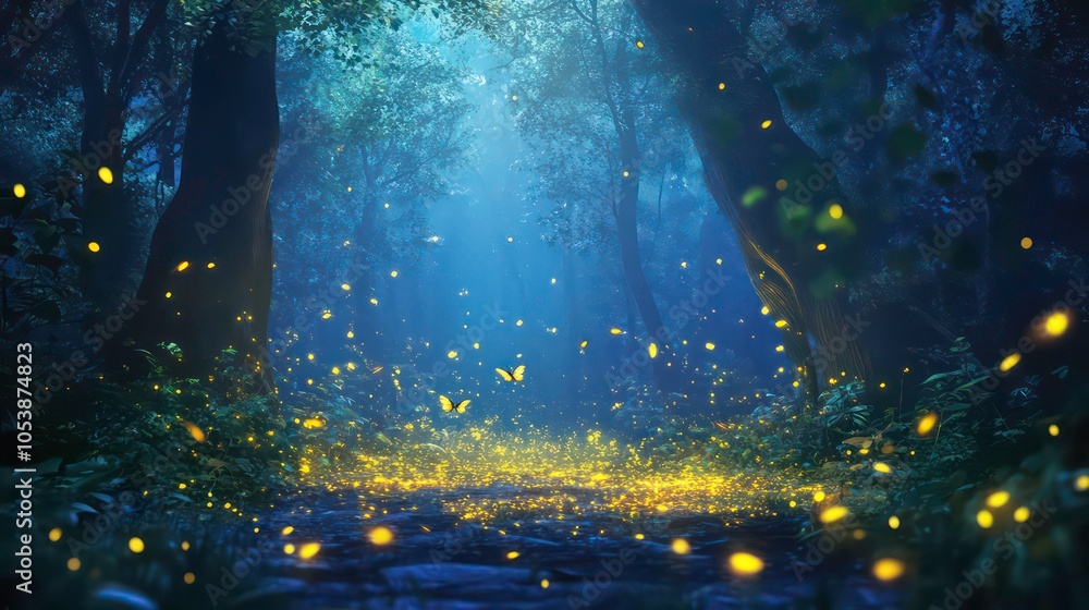 Poster A serene forest scene illuminated by glowing fireflies, creating a magical atmosphere.