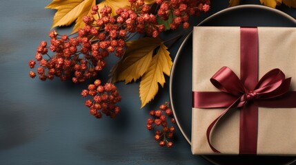 A Festive Gift Wrapped in Brown Paper and a Burgundy Ribbon Adorned with Autumnal Accents