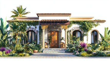 Fototapeta premium beautiful Mediterranean-style villa with colorful tiles and lush greenery, showcased against a plain white backdrop.