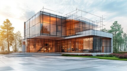Fototapeta premium Modern glass building under construction in a serene environment.