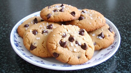Almond Flour Cookies on Decorative Plate: Freshly baked almond flour cookies arranged on a decorative plate, sprinkled with sea salt and chocolate chips
