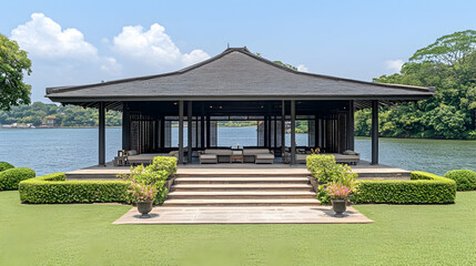 Luxurious Pavilion by the Lake, water, landscape, nature, garden, greenery