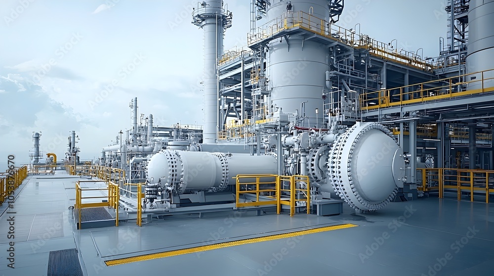 Poster cutting edge fuel refinery facility featuring a network of advanced pipelines industrial architectur