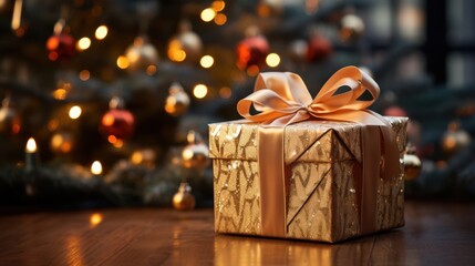 A shimmering gold gift box with a delicate bow sits on a wooden table, bathed in the warm glow of a festively lit Christmas tree.