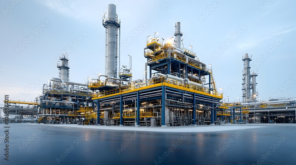 Poster innovative high tech fuel refinery facility featuring a complex interwoven network of advanced pipel