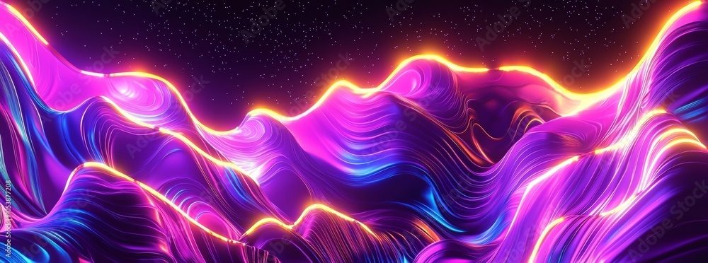 Poster using ultraviolet light, neon rays and lines glow in a 3d rendering with an abstract panoramic backg
