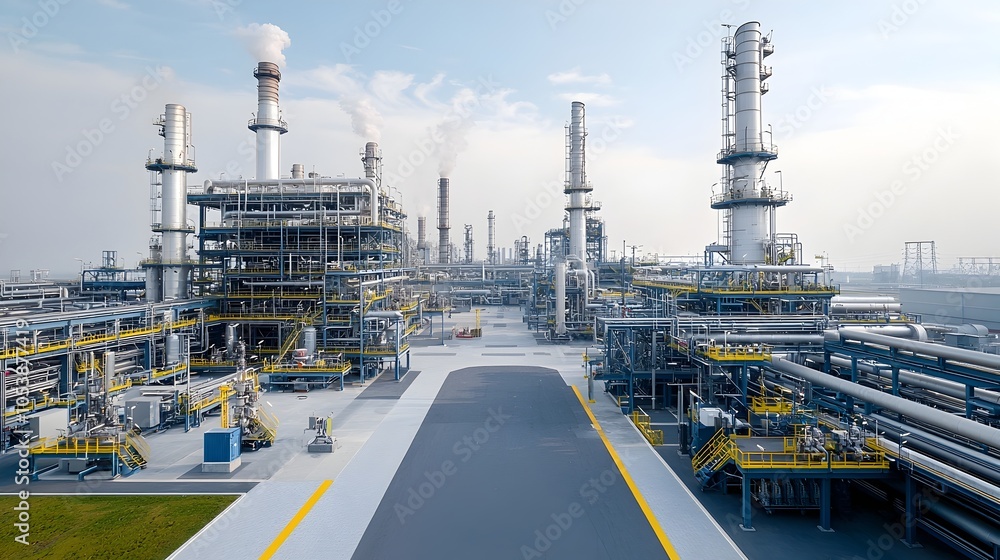 Poster Cutting edge high tech fuel processing facility featuring a complex network of pipelines sleek industrial architecture and advanced engineering technology