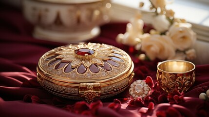 Fototapeta premium A Gilded Jewel Box Adorned with Intricate Designs and a Brilliant Gemstone, Nestled Among Delicate Petals on a Rich Red Velvet Fabric