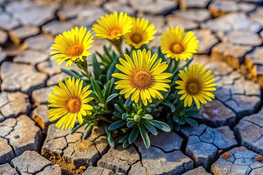 Resilient Spanish aizoon succulent with flowers blooming in cracked ground silhouette