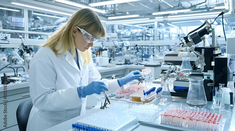 Aufkleber Futuristic laboratory setting with a research scientist carefully analyzing biofuel samples using high tech equipment and advanced processing technology for sustainable energy research and