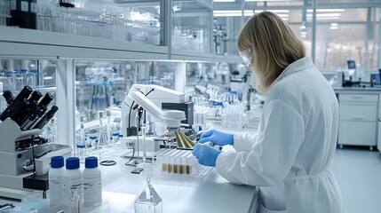 Biofuel Research Scientist Analyzing Samples in Futuristic High Tech Laboratory