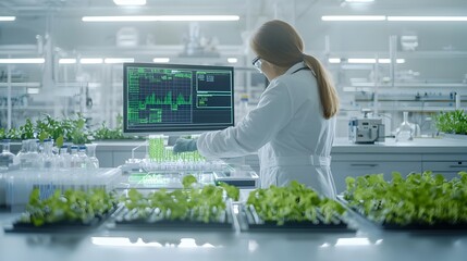 Futuristic biofuel laboratory with scientist in high tech lab coat analyzing cutting edge technology samples surrounded by digital data displays and advanced scientific equipment