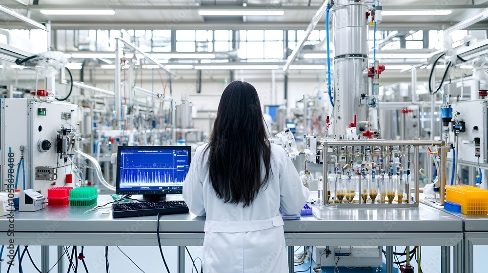 Poster High Tech Laboratory Setting with Scientist in Lab Coat Analyzing Biofuel Samples and Processing Data Using Modern Research Technology and Equipment for Sustainable Energy Solutions