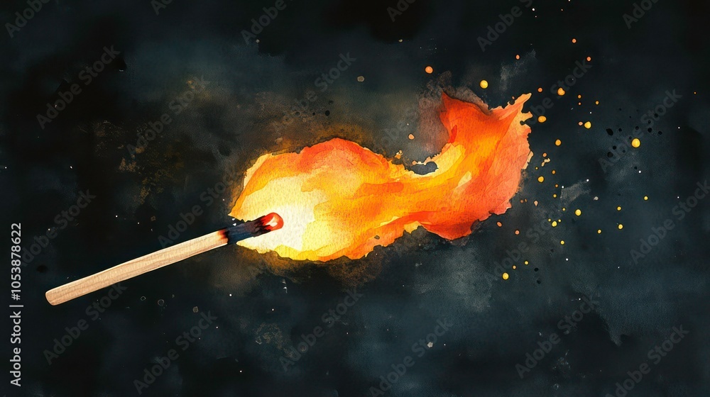 Poster a match igniting with a vibrant flame against a dark background.