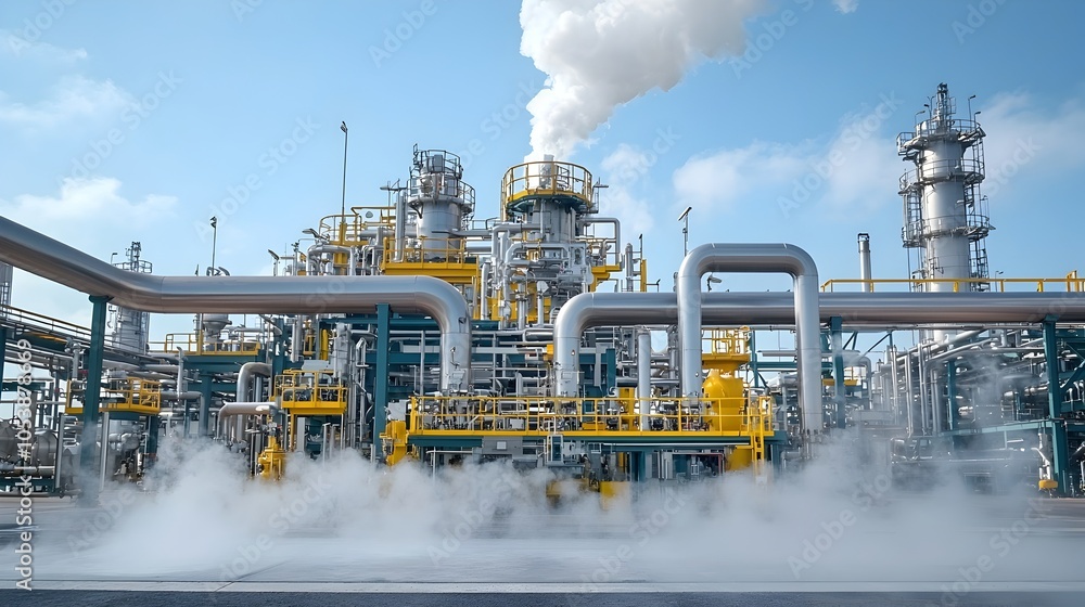 Aufkleber close up view of refinery pipes with steam rising showcasing the intense process of fuel refinement 