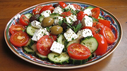 Greek Salad with Feta and Olives: A vibrant Greek salad with tomatoes, cucumbers, olives, and feta cheese, served in a colorful bowl, garnished with oregano