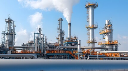 Close up detailed view of intricate refinery pipes with steam rising