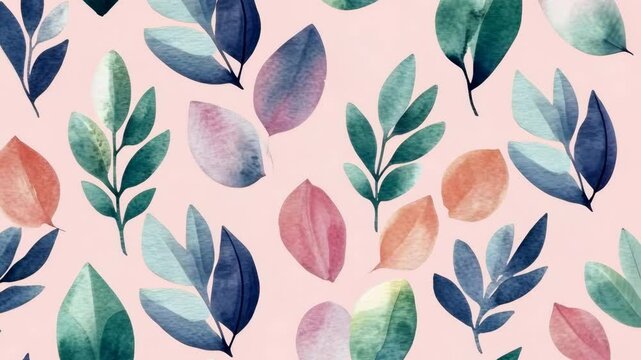 Watercolor leaves in shades of blue, green, pink, and orange are arranged in a repeating pattern on a light pink background