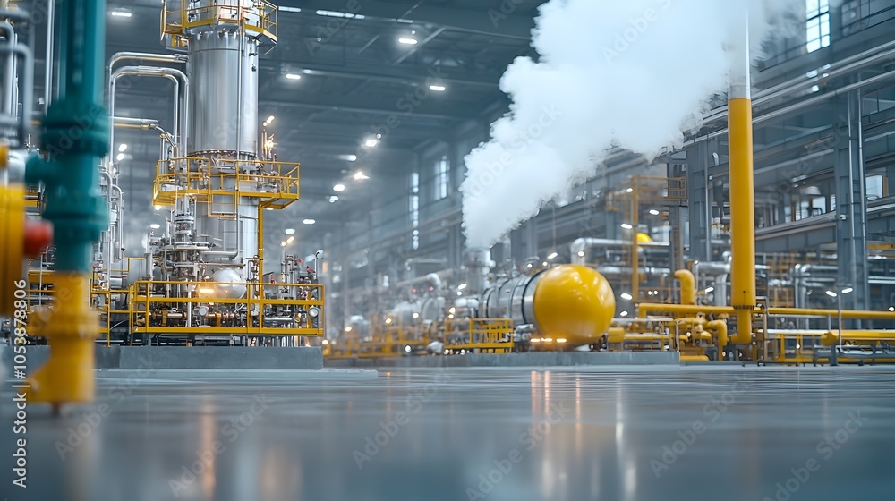 Poster Detailed view of refinery pipes with steam billowing capturing the dynamic fuel processing system in sleek industrial design and metallic materials