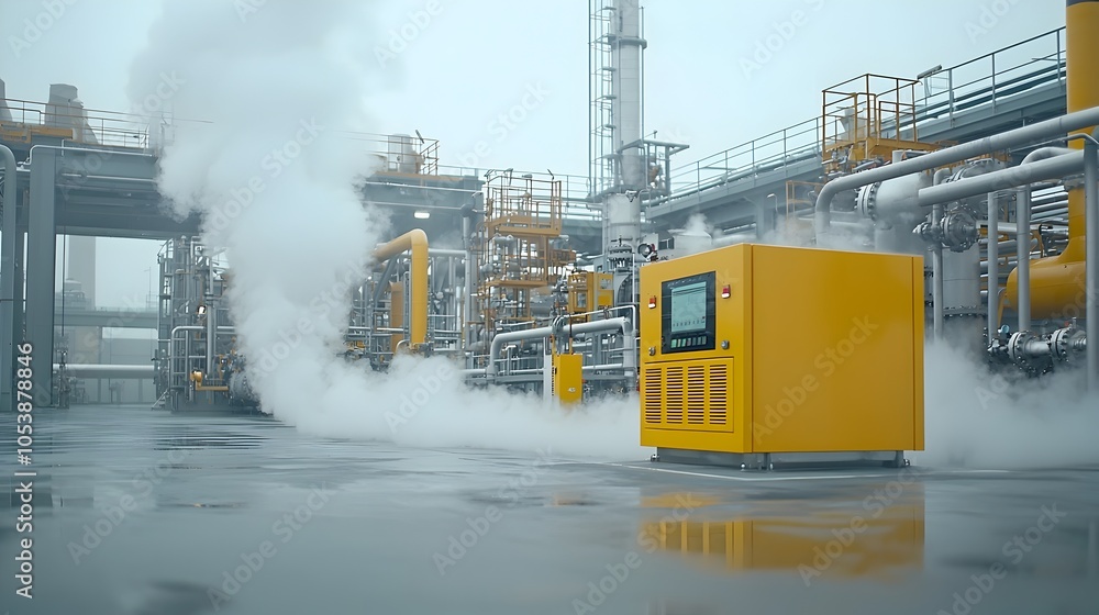 Poster detailed view of refinery pipes with steam billowing capturing the dynamic fuel processing system in