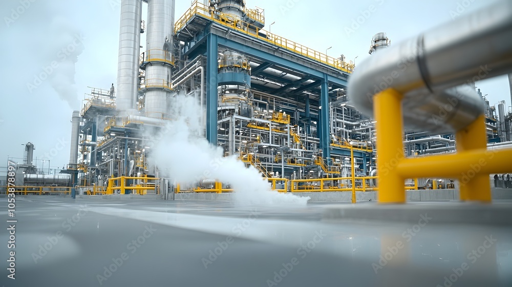 Poster close up perspective of a complex network of metallic fuel refinery pipes with steam escaping from t