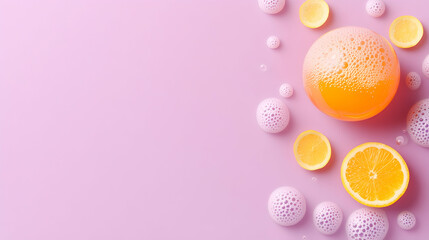 Obraz premium Orange Slice with Bubbles on Pink Background, lemon, lemon slice, foam, pastel, minimal