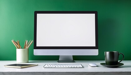 Blank white modern computer monitor with place for web design, website, landing page or logo on light work table with black tea cup and office tools on green wall background. 3D rendering, mockup